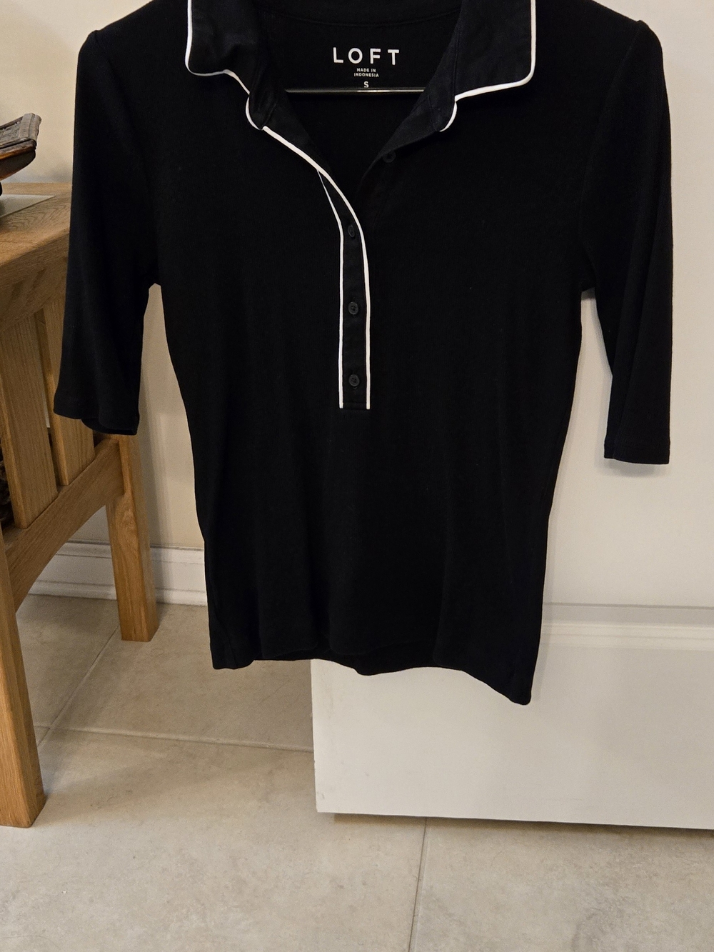 LOFT Black Top with White Piping Polo Collar